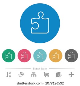 Single puzzle piece outline flat white icons on round color backgrounds. 6 bonus icons included.