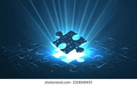 Einzelnes Rätsel unter einem Puzzletyp mit einem leuchtenden Rätsel-Loch. 3d abstrakter Low-Poly-Tief. Geschäftsstrategie, erfolgreiche digitale Lösung, Jigsaw Games Symbol. Kreative Idee, Unternehmensstrategie-Konzept