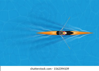 Single Racing shell with paddler for rowing sport on water surface. One oarsman woman inside boat in moving. Top view of Equipment for waters sport rowing. Vector Illustration