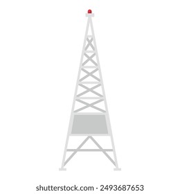 A single radio tower stands tall against a white background. Tower for transmitting data and information over long distances. Wireless technology sign.