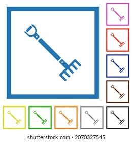 Iconos de color plano de un solo rastrillo en marcos cuadrados sobre fondo blanco