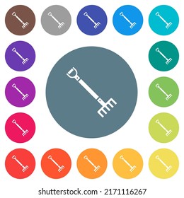 Single rake flat white icons on round color backgrounds. 17 background color variations are included.