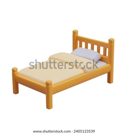 Single realistic bed, top view. Wooden furniture for one person. Made bed with mattress, pillow, blanket. Products for bedroom. Color template for modern web design