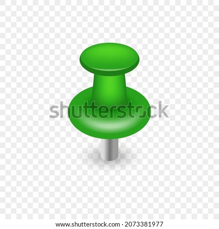 Single Realistic Green Pushpin on Transparent Background. Thumbtack with Needle. Office Stationery for Tack Paper on Notice Board. Green Plastic Push Pin Button. Isolated Vector Illustration.