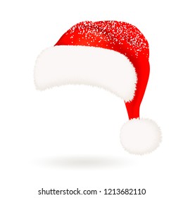 Single realistic red Santa Claus hat with fluffy fur pompon isolated and snow on white background. Vector illustration