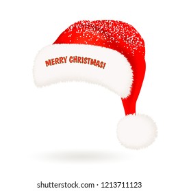 Single realistic red Santa Claus hat with fluffy fur pompon, snow and greeting Merry Christmas isolated on white background. Vector illustration