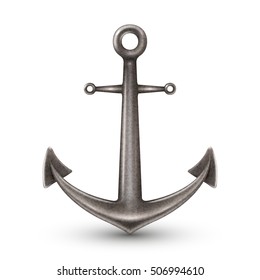 Single realistic shiny steel anchor with rings and shadow on white background isolated vector illustration