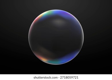 Sola burbuja de jabón realista con reflejos iridiscentes coloridos y reflejos, aislado en un fondo oscuro. Ilustración vectorial de alta calidad para lavandería, limpieza o diseños de productos de belleza.