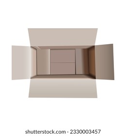 Single recycled cardboard open box, brown standard shipping box or mail package realistically isolated on white background. Postal containers of various shapes. preliminary Illustration,