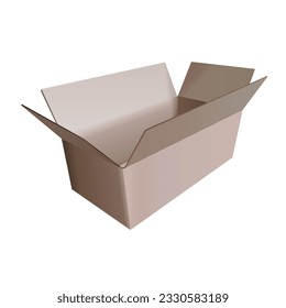 Single recycled cardboard open box, brown standard shipping box or mail package realistically isolated on white background. Postal containers of various shapes. preliminary Illustration,