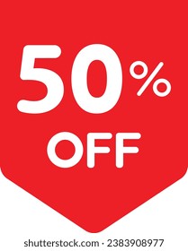 Single red 50% flag tag icon, simple round shopping promo sale flat design vector pictogram, infographic vector for app logo web button ui ux interface elements isolated on white background