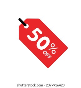 Single red 50% price tag icon, simple shopping sale label flat design vector pictogram, infographic vector for app logo web button ui ux interface elements isolated on white background