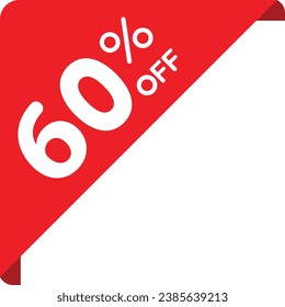 Single red 60% corner price tag icon, simple round shopping sale label flat design vector pictogram, infographic vector for app logo web button ui ux interface elements isolated on white background