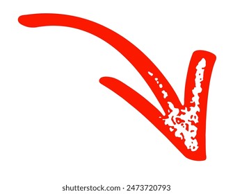 Una sola flecha roja que se curva hacia abajo, que indica la dirección o el movimiento. Ilustración vectorial.