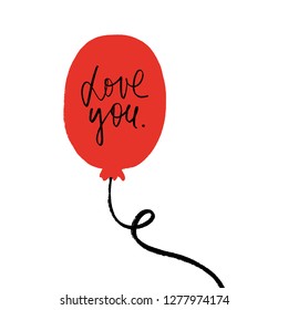 Single red balloon with love lettering text, Birthday postcard isolated element on white background