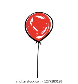 Single red balloon sketchy illustration, Birthday or Valentine postcard isolated element on white background