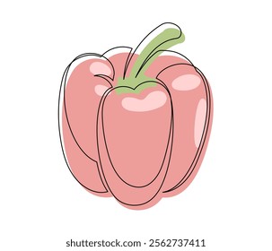 Single red bell pepper line isolated on white background. Simple silhouette of vegetable. Hand drawn red bell pepper outline. Vector illustration