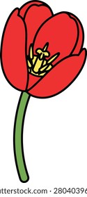 Single Red Blossoming Tulip Flower With Green Stem on Clean White Background Minimalist Flat Graphic Style