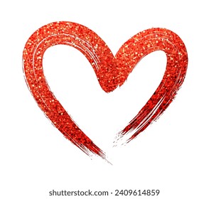 Single red brush stroke detailed heart with glittering shiny texture. Vector illustration