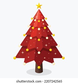 Single red Christmas tree with shinning yellow decor seasonal theme concept flat design isometric illustration, vector ui interface elements for icon app web banner card isolated on white background