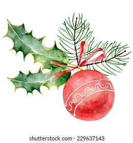 Single red decorated Christmas ball on white background. Vector  illustration