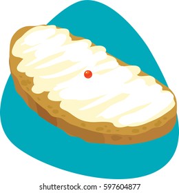 Single red fish egg on bread with butter. Isolated. On blue background. 