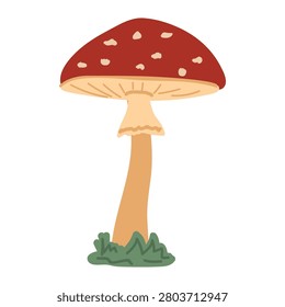 Single red fly agaric mushroom illustration with white spots, flat design,