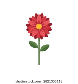 Single Red Gerbera Daisy Flower Vector Illustration with Green Stem and Leaves Isolated on White