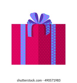 Single red gift box with blue ribbon in flat design. Beautiful present box with overwhelming bow. Gift box icon. Gift symbol. Christmas gift box. Isolated vector illustration