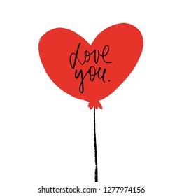 Single red heart balloon with lettering text, Birthday or Valentine postcard isolated element on white background