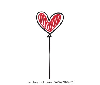 Single red heart balloon love shape valentines day concept icon doodle hand drawn. Outline drawing red heart balloon love shape line clipart symbol. Vector illustration