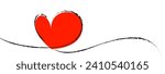 Single red heart continuous wavy line art drawing on white background. Happy Valentine's day header or banner or letter template. Vector illustration