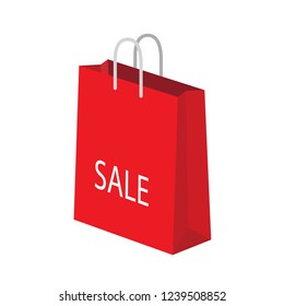 Single red on sale paper shopping bag with white handle flat design icon (with sale text).  Isometric illustration interface element for app ui ux web icon eps 10 vector isolated on white background