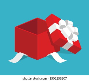 Single red open gift box / square present with white ribbon bow flat isometric illustration design, vector icon for interface app icon ui ux button web isolated on blue background