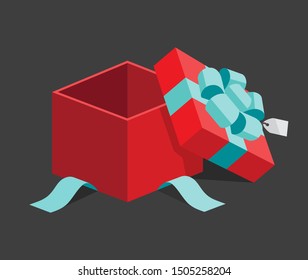 Single red open giftbox / square present with green ribbon bow flat design illustration. Isometric vector interface elements for app icon ui ux banner web invitation isolated on white background