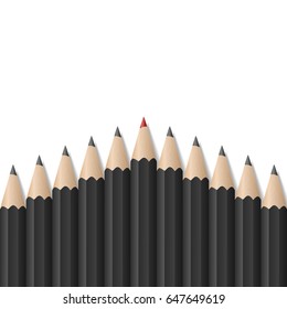 Single red pencil stands out amongst many black pencils. School supplies concept. Bussiness strategy. Leadership. Vector illustration
