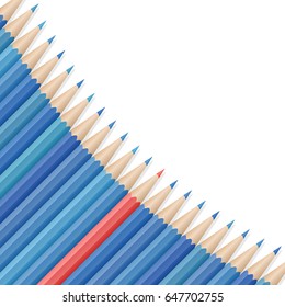 Single red pencil stands out amongst many blue pencils. School supplies concept. Space for text. Vector illustration