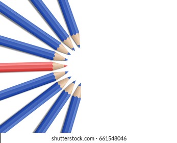 Single red pencil stands out amongst many blue pencils. School supplies concept. Vector illustration