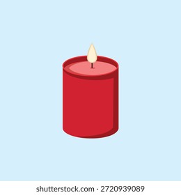 Una sola vela de pilar rojo con una Pequeña llama ardiente sobre un fondo azul claro. Ilustración de vacaciones minimalista ideal para Navidades, invierno y acogedores temas para el hogar.