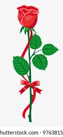 Single red rose with bow. Vector illustration