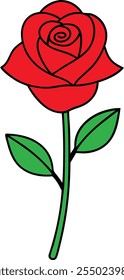 Single Red Rose Flower Drawing, Simple Stem, Green Leaves