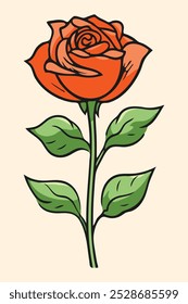 A single red rose with green leaves on a white background.