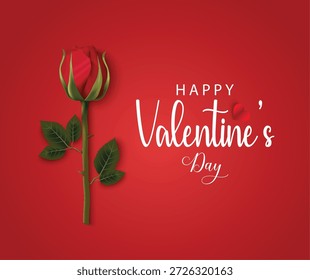 A single red rose with green leaves on a red background next to a Happy Valentine's Day message in white text