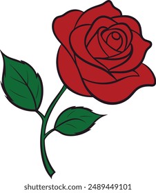 A single red rose on a white background with green leaf