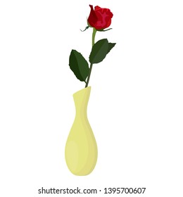 Single red rose in vase, vector flat isolated illustration. Beautiful flower for greeting card, invitation, poster, banner.