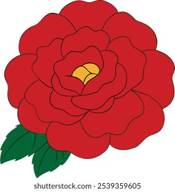 A single red rose with a yellow center and green leaves is depicted in a simple, cartoon style. The rose is isolated against a white background.