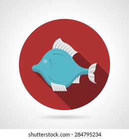 Single red round flat color style vector icon for blue exotic fish with white fins on gray background with long shadows.