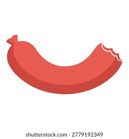 A single, red sausage link with a bite taken out of one end, isolated on a white background.