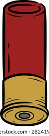 A single red shotgun shell with a gold base stands isolated on a white background representing ammunition and hunting