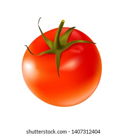 Single red small tomato with peduncle. Natural healthy ingredient for a vegan meal on white. Realistic 3d isolated vector illustration